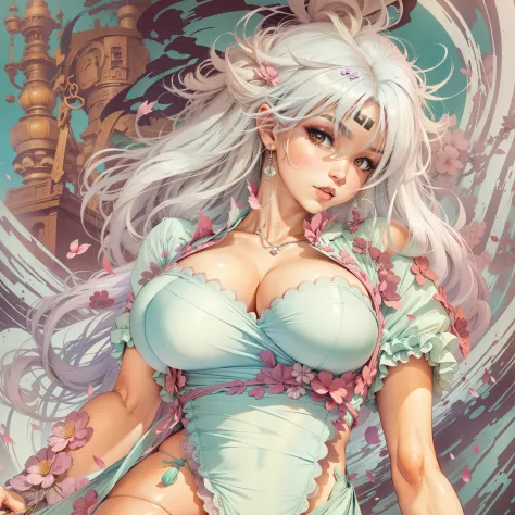 a close up of a woman in a dress with a large breast, (showing panty), full body, full color manga cover, style of masamune shirow, manga comic book cover, by Masamune Shirow, white haired deity, inspired by Masamune Shirow, doujin, japanese comic book, fu...