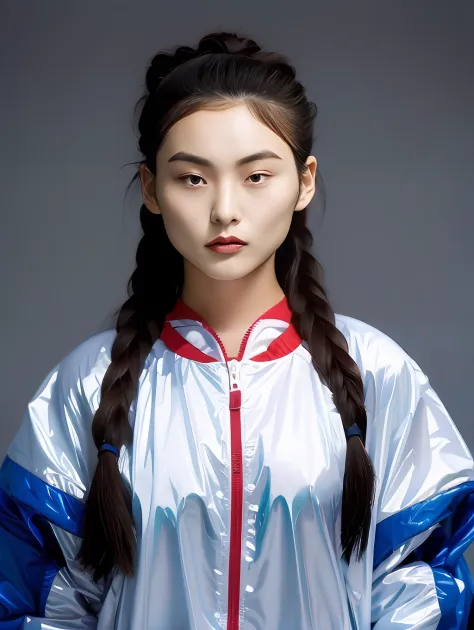 a 16-year-old chinese female high school student，wear a pvc red sweatshirt