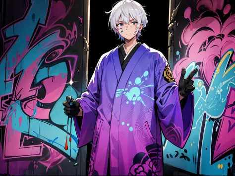 ,Cartoon image of a man wearing purple gloves standing by a purple graffiti wall, The style of the night core, splatted paint, K...