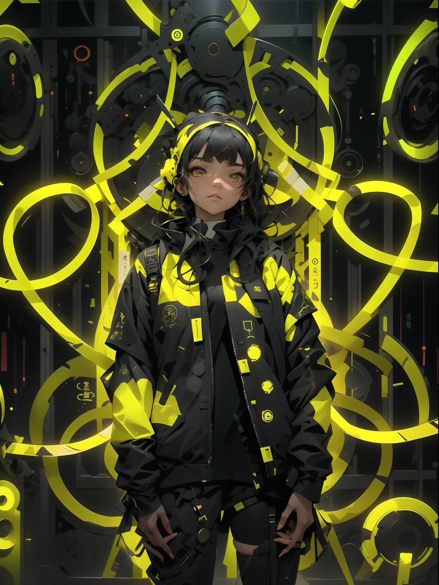 1gotic 女孩穿着黑色和黄色科技服, 背景中的圆圈霓虹灯