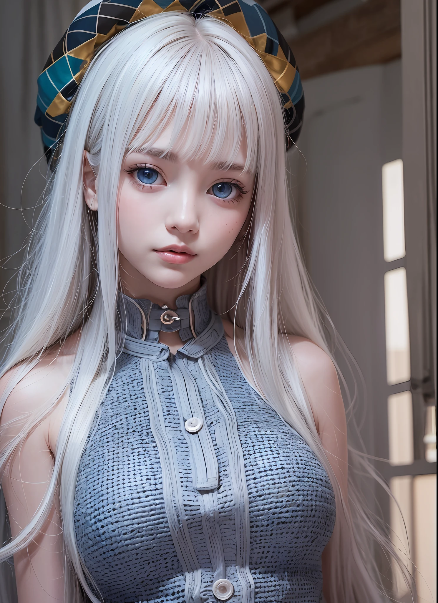 1 girl, Super long hair, Cute 、bright expression、Very beautiful face, Big, Beautiful blue eyes, Bright and dazzling platinum blonde、Eyebrows behind bangs, Bright pupils, surrealism, nffsw, nffsw, textured white skin, high details, Best Quality, 4K, hight resolution、glowy skin