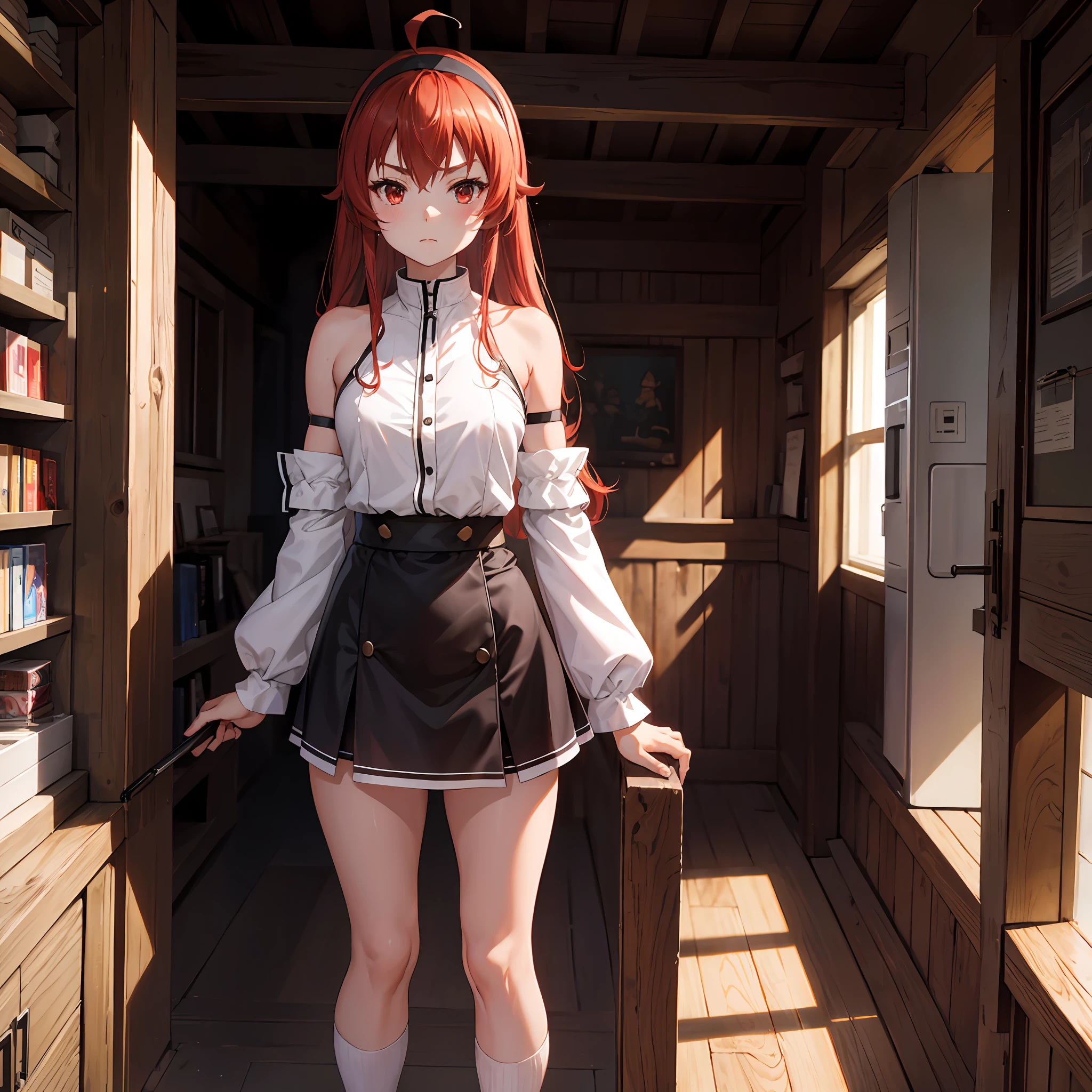 Liss Greyrat, 1girl, Ahoge, bangss, bare shoulders​, black hairband, Brown skirt, a closed mouth, Clothes Cutout, arms folded, hair between eye, shairband, length hair, long-sleeve, Look at viewers, red eyes, red hairs, Shoulder clippings, simple background, Black shorts,beauty legs　 独奏, Hi-Res, Harm, mushoku tensei　grass field　randome pose　small tits　15yo student　small stature