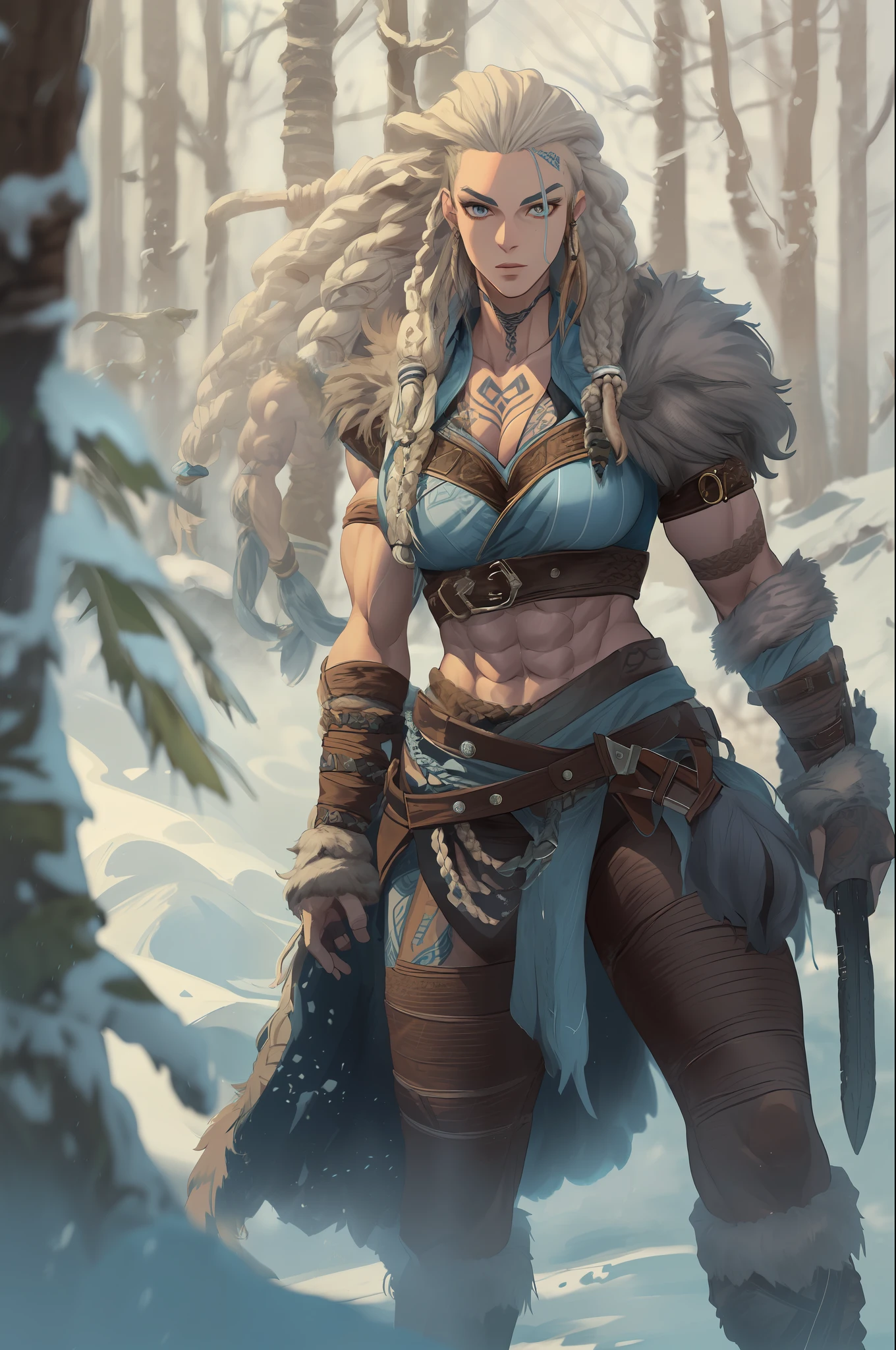 Female viking, (young:1.2), (muscular:1.2), fit, wearing brown furs and hides, (wearing furs:1.3) (blue norse tattoos:1.2), blue eyes, platinum blonde hair, (Dreadlocks:1.7), (Dreads:1.4), (Sideshave:1.4), warrior hair, Setting is a Scandinavian forest in winter, snow, bare arms, exposed naval, (abs:1.2). Highly detailed, norse, berserker, arm muscles, leg muscles, (bulky:1.2), leather straps, (large breasts:1.3), waist up, wide waist, stocky, (tall:1.4)