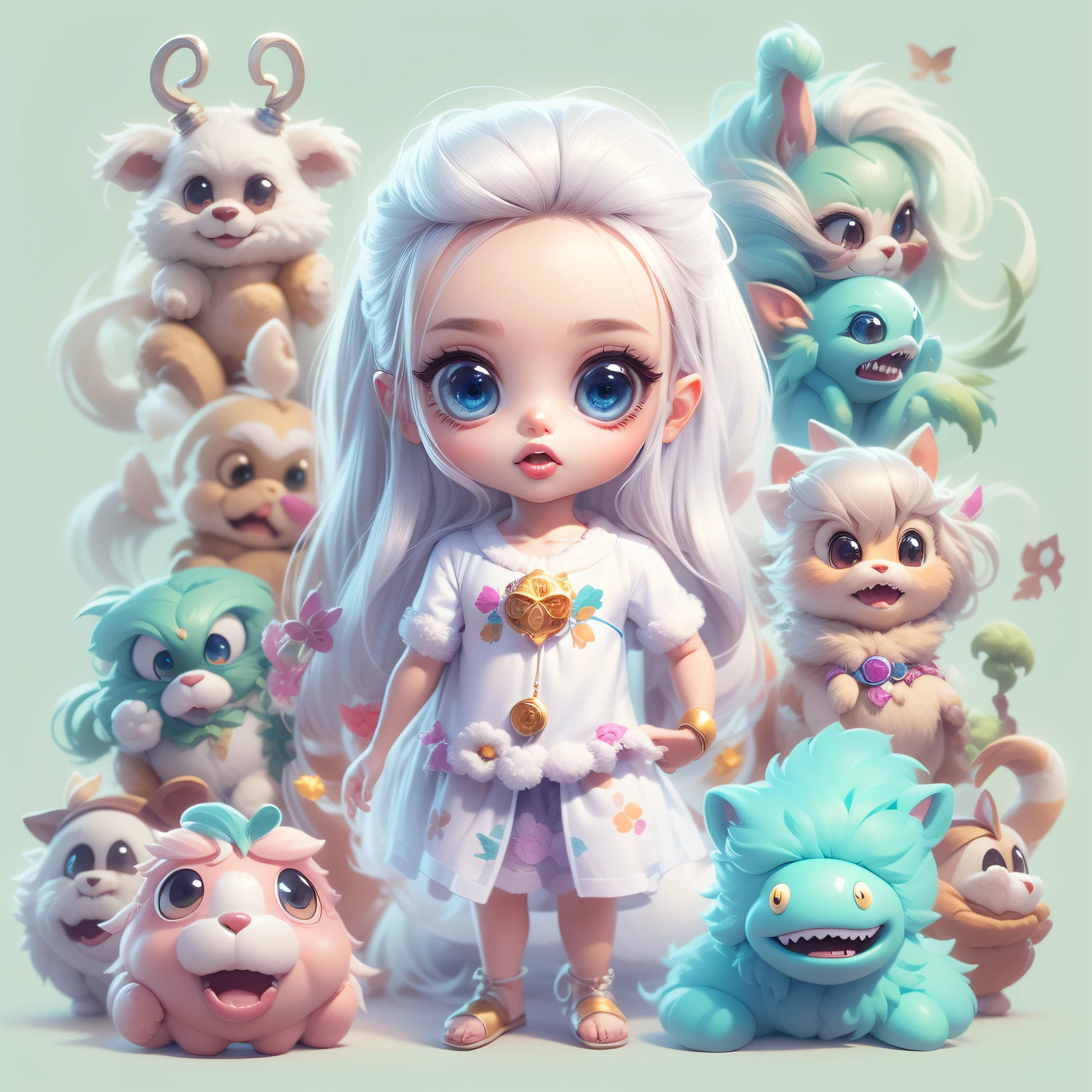 Masterpiece,High Quality,High resolution,The highest resolution,White background,solid color background,transparent background,no background,remove background,Complicated details,Highest quality,game icon,game icon institute,cartoon_style,full body,Cute Fluffy Barbie Monster,all separated