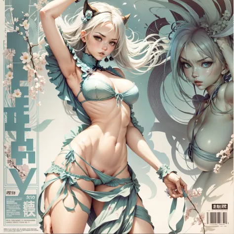 a close up of a woman in a dress with a large breast,((full body)) ((showing panty)) ((almost naked)), ((almost naked)), full color manga cover, style of masamune shirow, manga comic book cover, by Masamune Shirow, white haired deity, inspired by Masamune ...