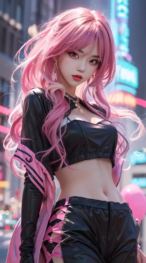 Anime girl with pink hair and black costume posing in front of neon background, rossdraws cartoon vibrant, kda, Style Artgerm, IG model | Art germ, Extremely detailed Artgerm, :: rossdraws, Ross Rush digital painting, ! Dream art germ, Rosla 1. 0, art-styl...