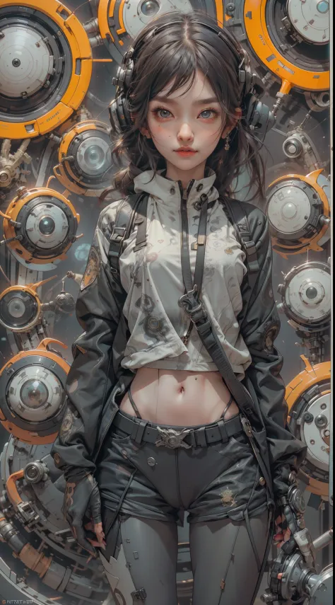 fisheye photo, 1cute girl with techwear clothes, mechanic spider, circles, fractals, 32k, uhd, 4x ultra sharp, cinematic, (art w...