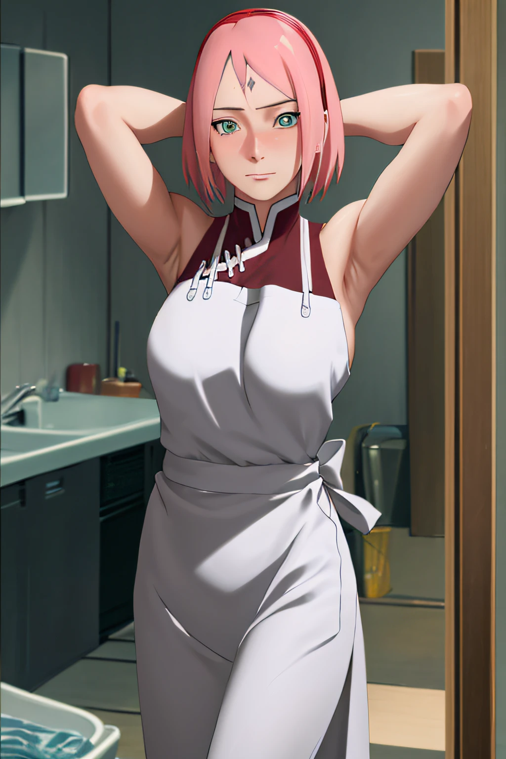 Anime girl in a kitchen with pink hair and a white apron - SeaArt AI