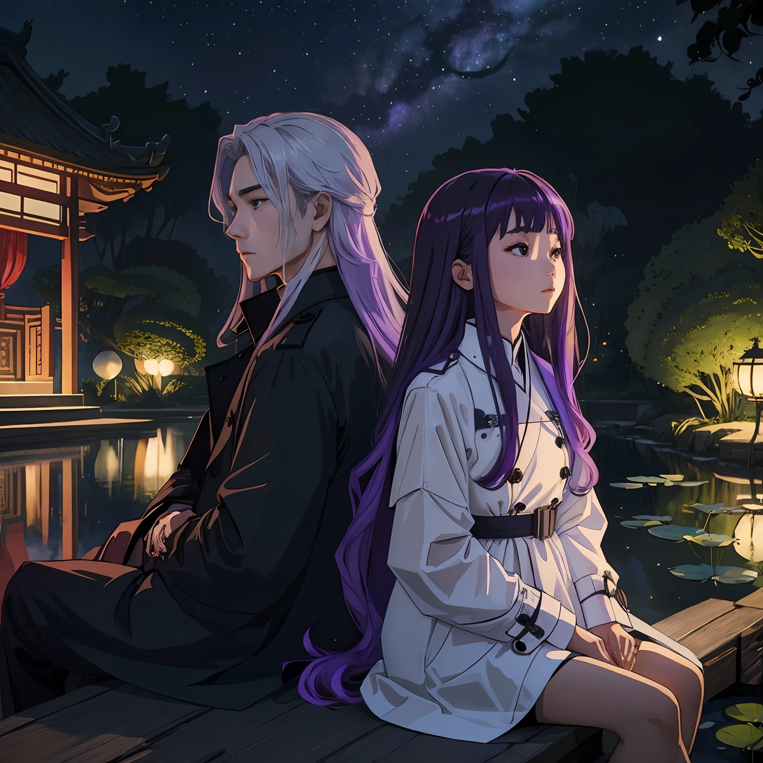 Purple-haired girl in black trench coat with long hair and white-haired boy in white shirt Back looking up at the stars Chinese garden sitting by the pond lotus --auto