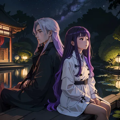 Purple-haired girl in black trench coat with long hair and white-haired boy in white shirt Back looking up at the stars Chinese ...