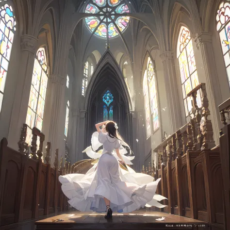 picture of white feathers dancing in a church bathed in light、draw on a4 size。
to depict the interior of the church、first draw t...