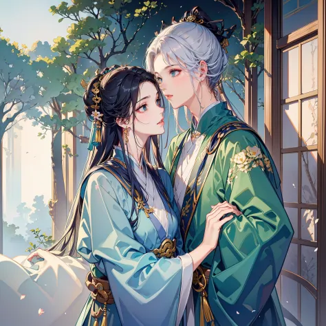 Excellent image quality，tmasterpiece，8K quality，couple，both sexes，Height difference，Girl with short white hair，Blue Hanfu。Boy with dark green hair，Blackn clothes，hugging eachother，Kiss，Gardenias bloom everywhere