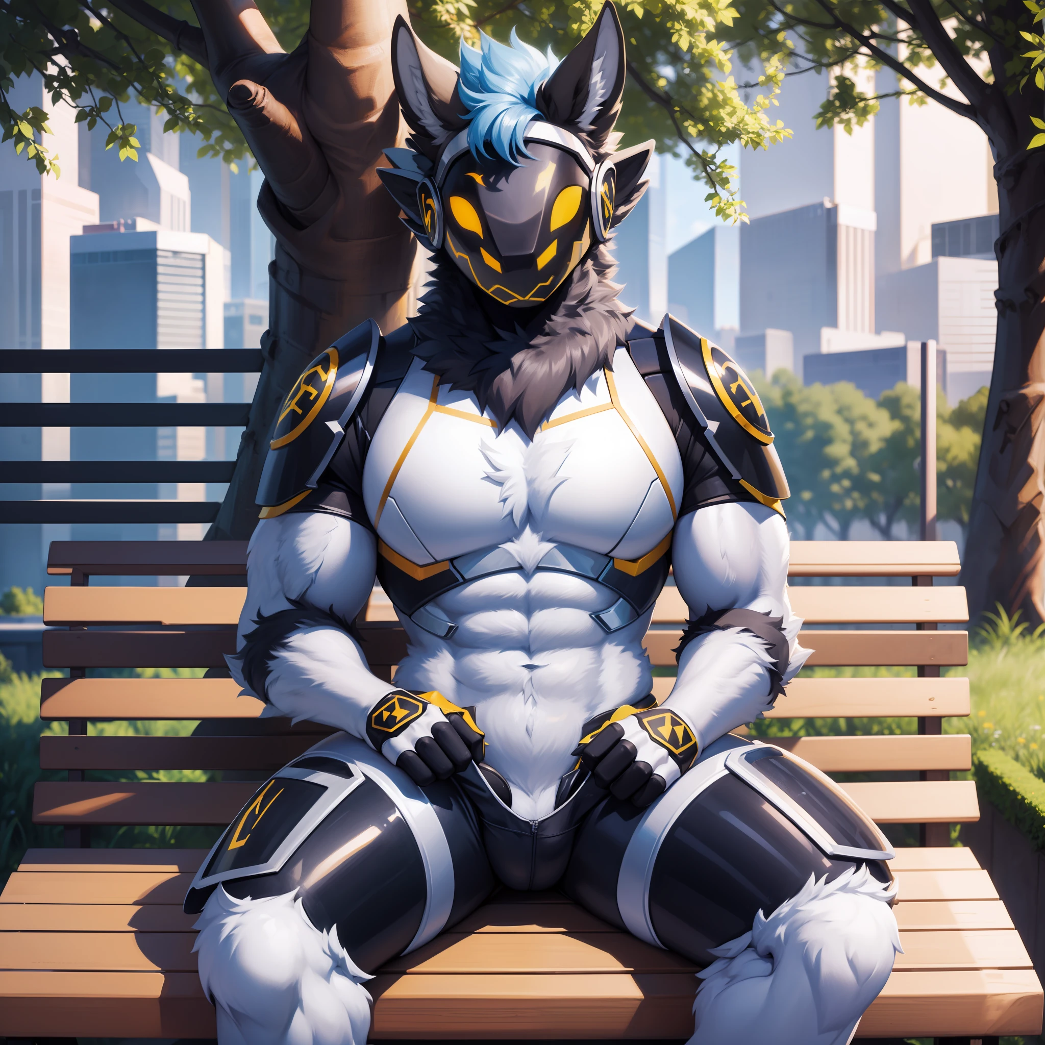 Protogen 'macho masculino ,Sexy muscle muscles, Defined muscles, Pose sexy (sorrindo de forma atraente sexy) Sexy pose showing off your muscle sitting on the park bench anatomically perfect whole body large protogen 1,88 m de altura 4k dh alta qualidade