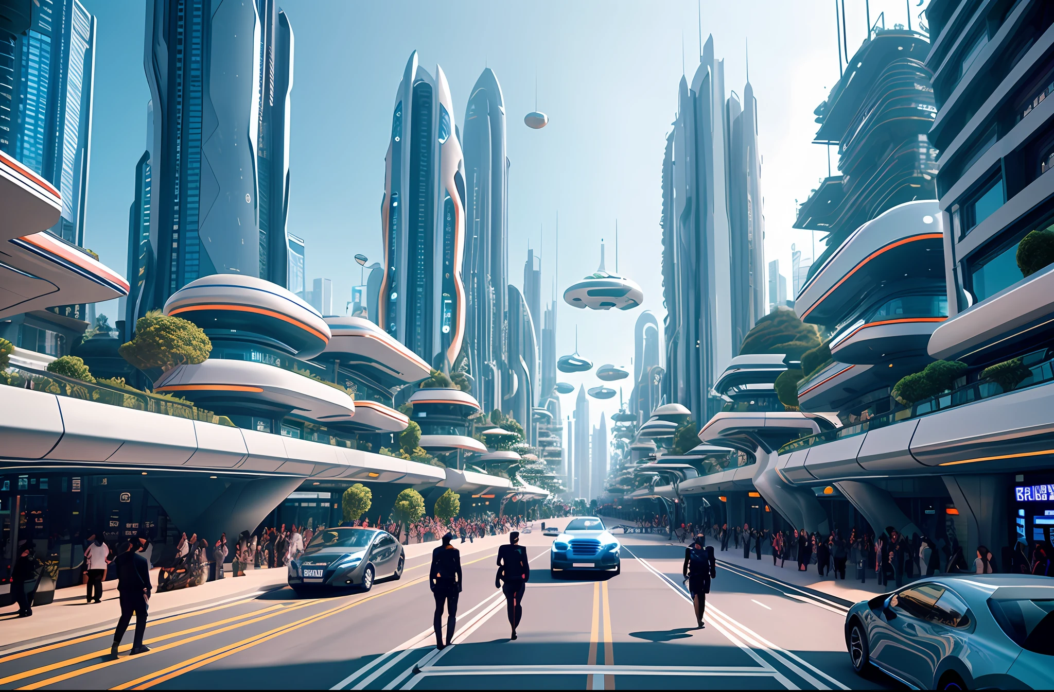 Future City，Sateen，In the daytime，buliding，Bustling city streets，Everywhere there are people walking and cycling。The streets are lined with high-rise buildings，Creates a futuristic atmosphere。Robots and the car of the future，Adds a lively scene。