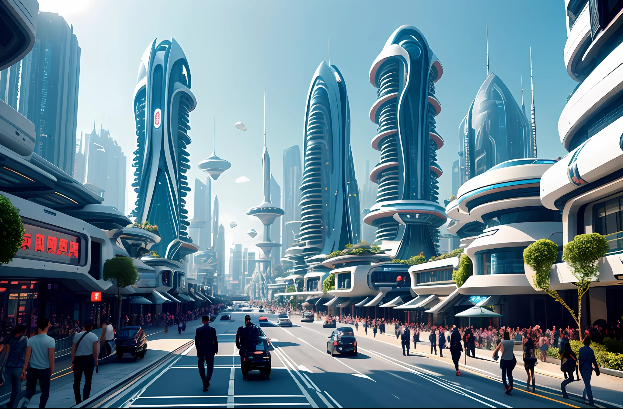 Future City，Sateen，In the daytime，buliding，Bustling city streets，Everywhere there are people walking and cycling。The streets are lined with high-rise buildings，Creates a futuristic atmosphere。Robots and the car of the future，Adds a lively scene。