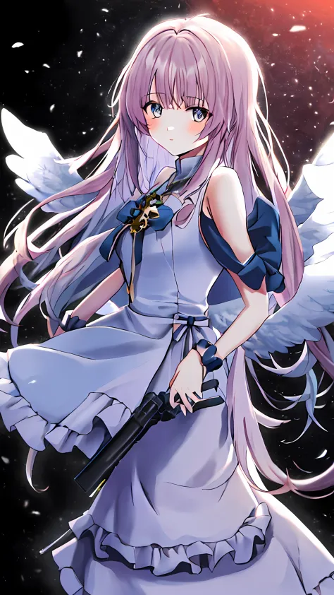 A light blue long-haired girl in a 2D anime style wearing a white dress has a pair of white wings on her back