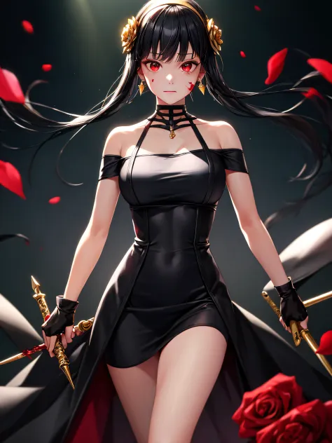 yor briar,

1girl, backlighting, bare shoulders, black background, black dress, black gloves, black hair, blood, blood on face, ...