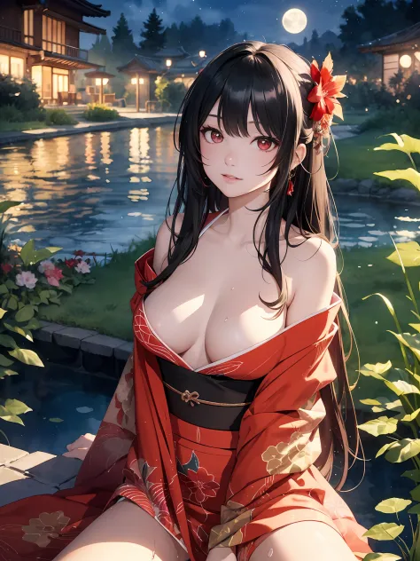 extremely detailed body,girl,woman,female,mature,30 years old,long hair,bangs,streaked hair,black hair,shiny hair,beautiful detailed cold face,cold smile,bright pupils,bare_shoulders,medium_breasts,(red eyes),hair_flower, kimono,((red kimono)),((((no under...