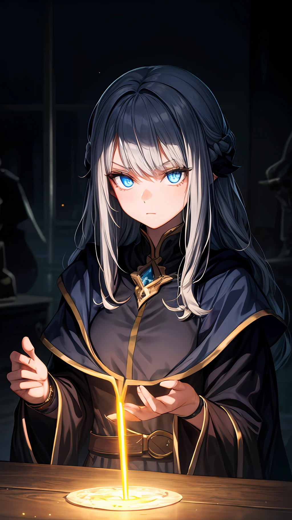 masterpiece, best quality, 1girl, potion, dark moody lighting, glow, glowing, mysterious, mystical, magical, rim lighting, blue eyes,