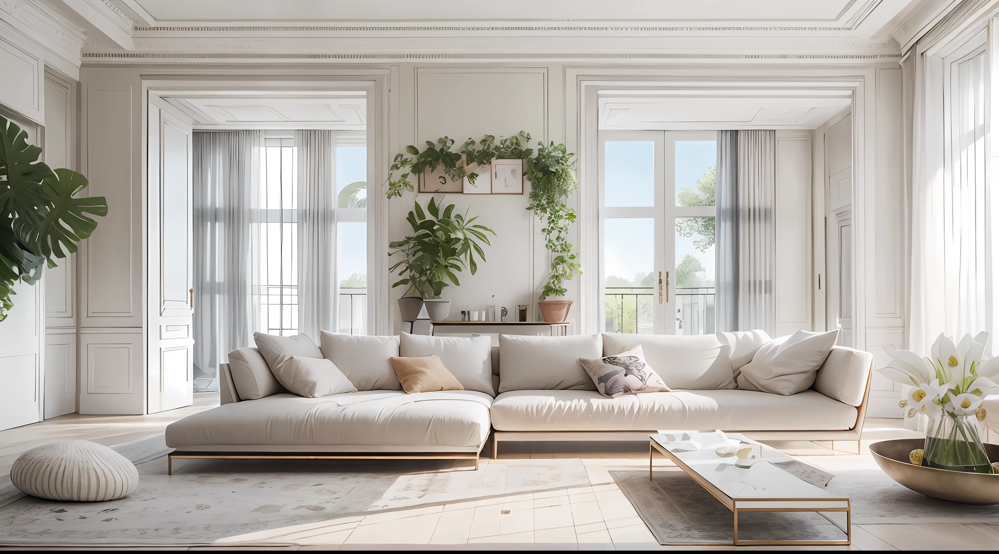 minimalist living room，Rare flowers and plants（1:0.05），sun's rays，No main light desigward winning masterpiece，Incredible details Large windows，highly  detailed，Harper's Bazaar art，fashion magazine，fluency，Clear focus，8K，rendering by octane，