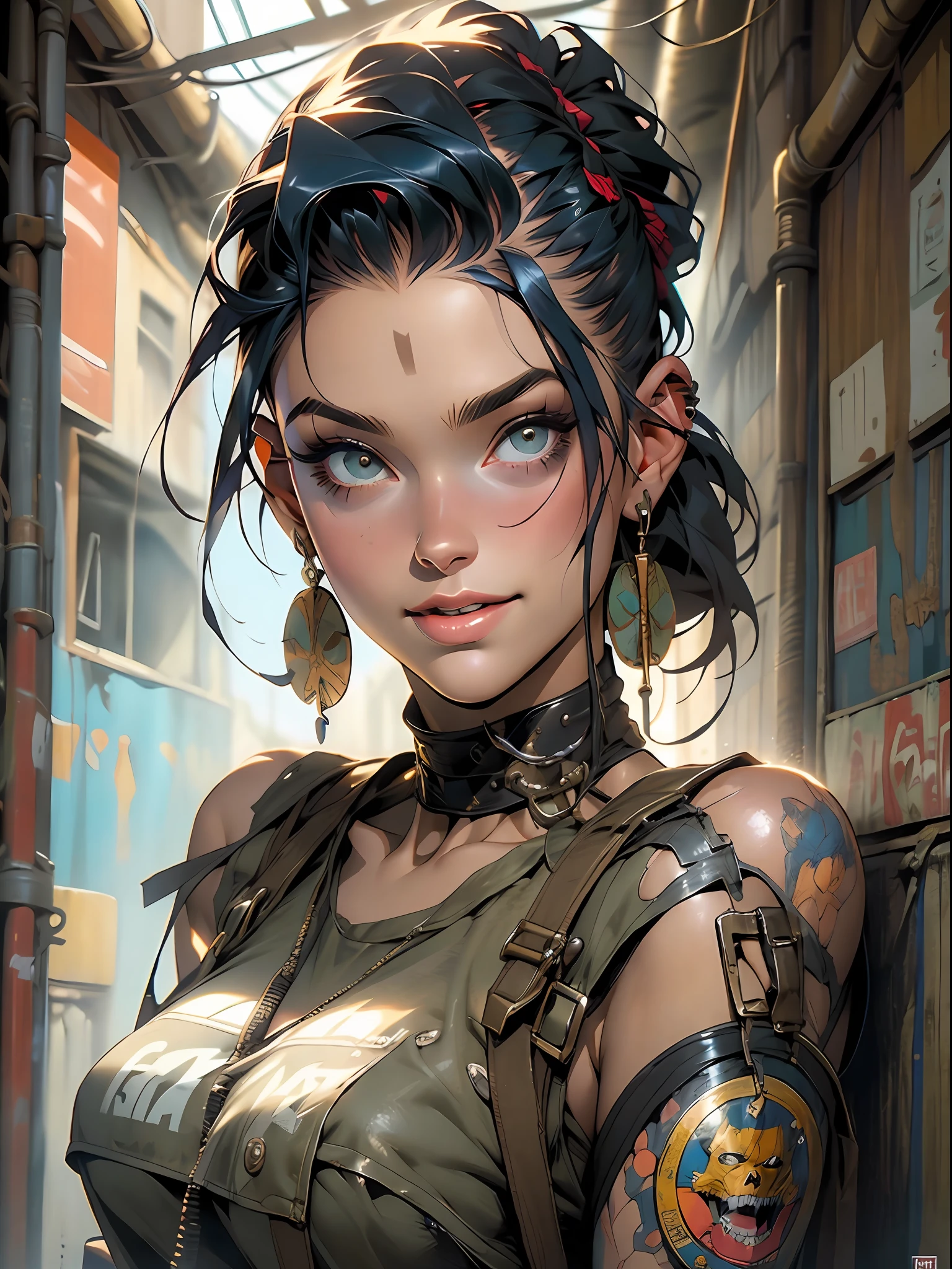 ((( fully body ))), master part, best quality, super detaill, 8k, gorgeous  woman, Tank Girl com cara de maluca, malicious smile , colored mohawk hair, Punk Girl, post-apocalyptic world, ((  of the tank )), nijistyle, torn and dirty clothes, short mohawk, sides of shaved head, clean  face
