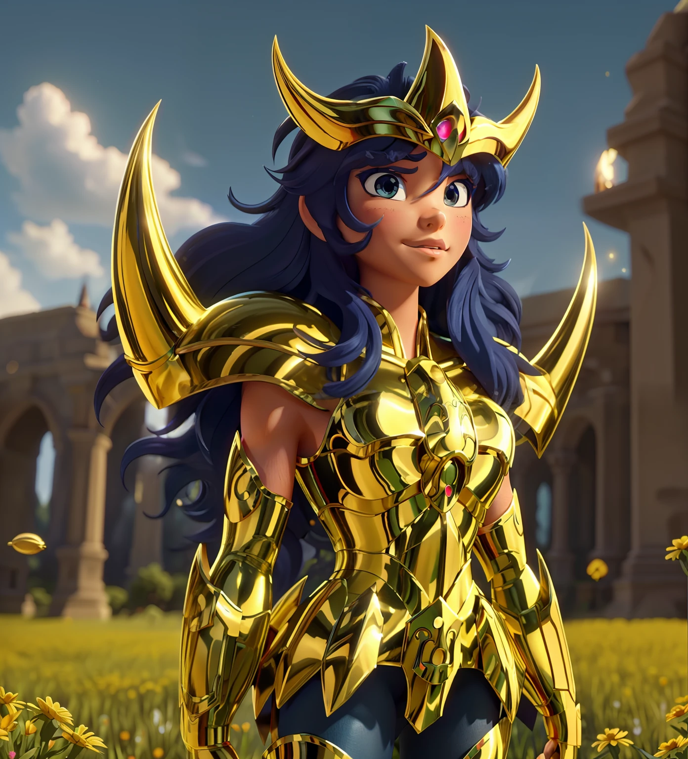 Ultra-high saturation（tmasterpiece）， fully body photo，（best qualtiy），（1girll）， fully body photo，sface focus， Wearing golden Scorpio armor，very long fingernaileadow flower background，sexy armor，No underwear，Bling armone fine skin，Plump breasts，Bare legged，cool-pose， Saint Seiya Armor， messy  hair，highly detailed realistic photograph of，god light， super sharp focus， Ultra high quality,，with dynamism， Long hair,，(Shiny skin:1.4)，Shiny lips sexy figure，Ultra-high saturation，hight contrast，High-gloss armor，Smooth skin，Grim expression，dark-blue hair