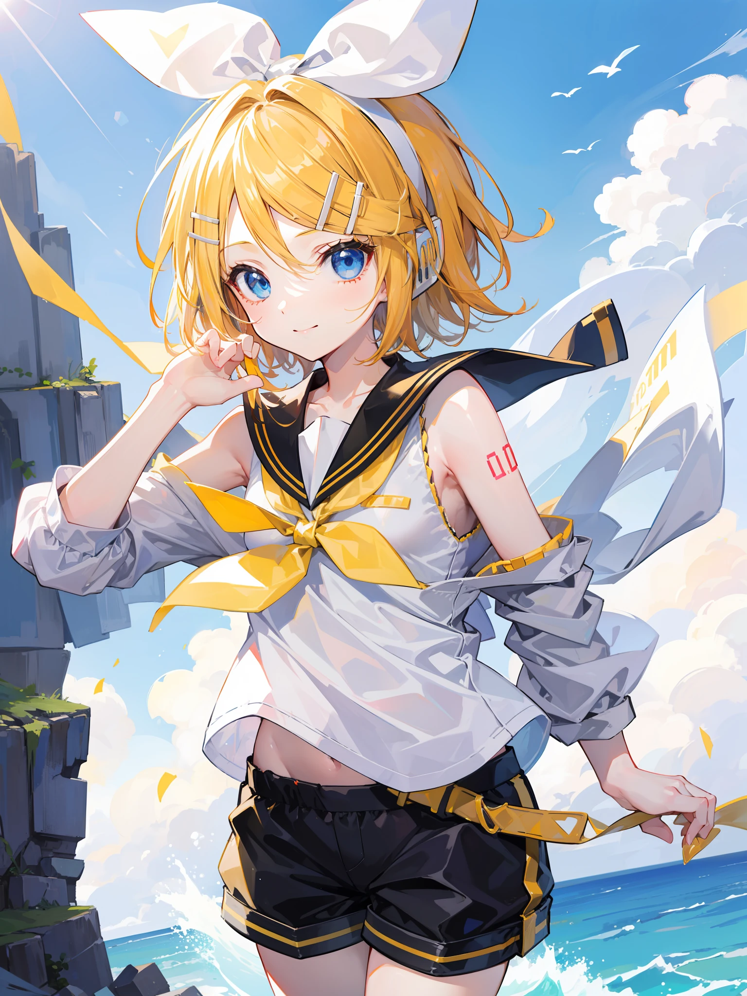 top-quality、super precision、One girl、(kagamine_Rin)、VOCALOID、blue eyess、Shorthair、cute little、Natural smile、a sailor suit、Short pants、Sleeveless、Your girlfriend、Innocent、nigh sky