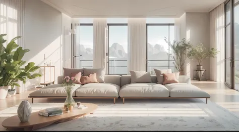 Large minimalist living room，Rare flowers and plants（1:0.02），sun's rays，No main light design，an award winning masterpiece，Incredible details Large windows，highly  detailed，Harper's Bazaar art，fashion magazine，fluency，Clear focus，8K，rendering by octane