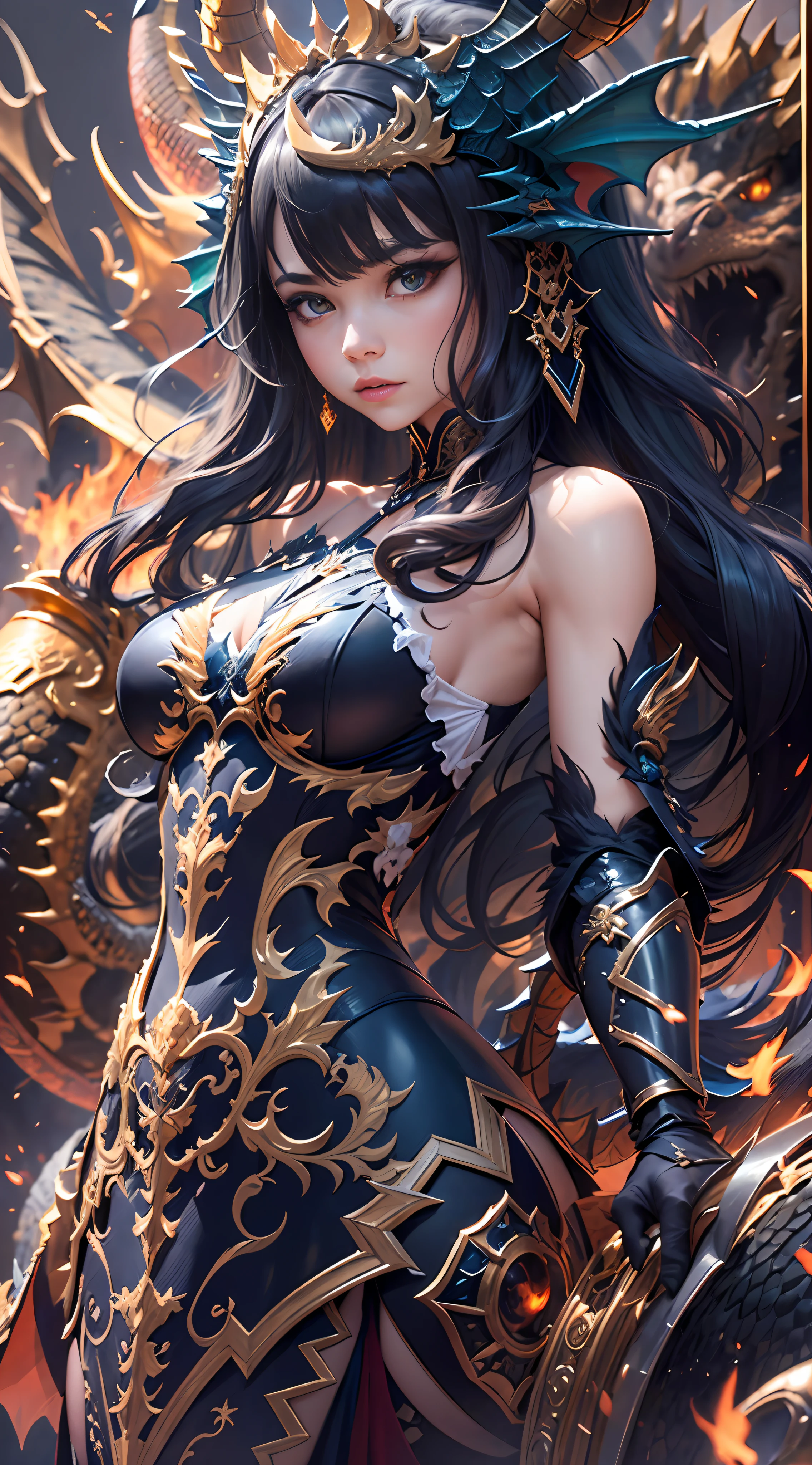 （the detail：1.4）, 3D combination of man and dragon, Human dragon tail, A girl in dragon scale armor, The armor has an intricate and delicate golden dragon pattern, (The pitch-black dragon armor shone with a metallic sheen:1.3), (Wielding a dragon lance:1.5), Off-the-shoulder fashion, Dynamic movement of sword dance in a human-centered circle, Showing meticulous、A fusion of fine punk steam and baroque lolita, Countless meteorites fell from the sky, Intricate dragon pattern headdress, Fluttering lace flared miniskirt, Breasts are full and straight, The dragon crystal with this shining blue light is embedded in the chest, Attached to armor, Clean long blue hair, long vertical curly, Burning ruins background, dragon pupils, His face showed inexplicable excitement。。, The upper arm is tied with a ribbon, This big fireball is flying all over the sky, There is a dragon-shaped flame rune on the forehead, Rococo style, Depth of field, Depth of field, Ray tracing, Motion blur, art-deco, surrealism, Textured skin, Masterpiece, High details, High quality, Best quality, 16k, hyper HD, hdr（HighDynamicRange）, A high resolution, cinmatic lighting