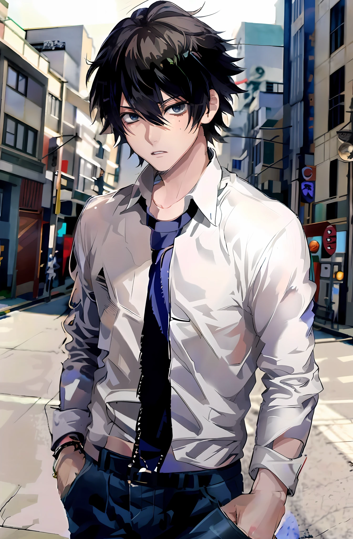 Homem de gravata e camisa no meio de uma rua, cara de anime alto com olhos azuis, homem bonito anime, jovem homem de anime, inspirado em Okumura Masanobu, Retrato anime de um homem bonito, pose de anime bonito, estilo anime masculino, kentaro miura manga art style, menino anime, retrato estilo anime, Homem de Anime