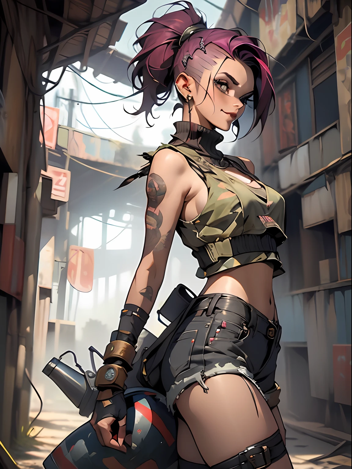 ((( corpo inteiro ))), master part, best quality, super detalhe, 8k, mulher linda, Tank Girl com cara de maluca, sorriso malicioso , cabelo moicano verde, garota punk, shorts curt com cinta liga, post-apocalyptic world, com um tanque de guerra ao fundo, (( menina do tanque )), Nijistyle, roupas rasgadas e sujas, moicano curto, sides of shaved head, rosto limpo