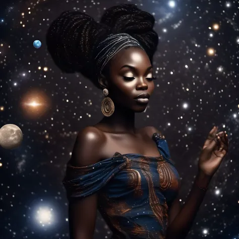 African woman in the center, perfect dark skin, mesmerizing legs,she is sending a kiss to the camera that captures the photo. She is dressed in a luxurious dress.. It is possible to see the universe, stars, stars, moons and comets. A mystical, magical and charming air. (masterpiece), beautiful African woman, , braided hair in a bun, perfect anatomy