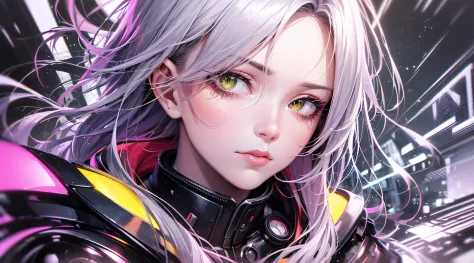 a japanese girl, Realistic, Light pink and yellow, charming character illustrations, yellow, Black and pink, Cyberpunk, Look down diagonally to the right, Icy stare, striated hair, multicolored hair, Silver hair, Pink hair, Empty eyes, makeup, Crazy, scowl...
