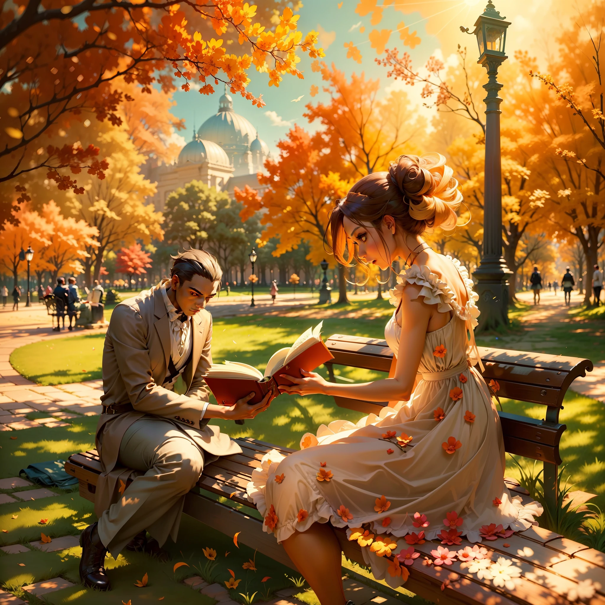 Imagine a scene where a woman is walking through the park on a sunny afternoon. She wears an elegant dress that enhances her beauty, and her curious eyes lock onto a MAN sitting on a bench, completely immersed in a book. Describe the vibrant atmosphere created by the sun's rays in the background.