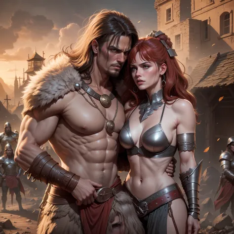 Conan and Red Sonja in a Cimmerian village in an epic battle scene, with the appearance of characters inspired by the comics.