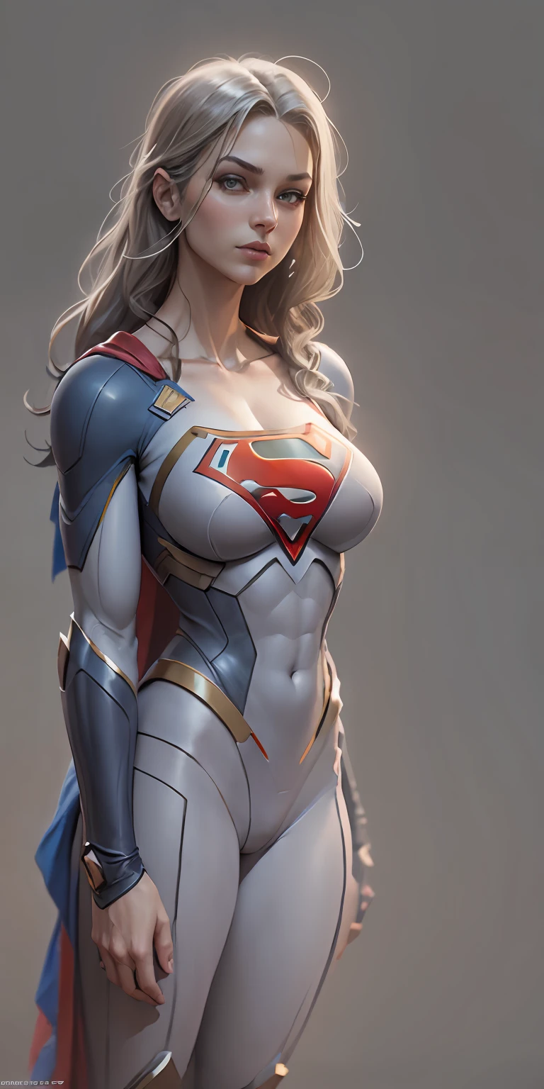 Supergirl from DC, big breasts, frontal, full-length, looking at the camera, facing the audience, standing pose, simple background, three-dimensional light, detailed full-body concept, sleek digital concept art, beautiful full-body concept art, art trend, CGsociety full-length,