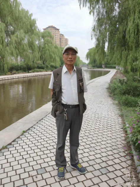 there was a man standing on a brick sidewalk by the river, huifeng huang, zhang pengzhen, xiaoguang sun, wang liang, chengwei pa...