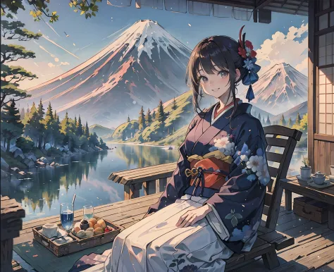 top-quality、Lakeside in front of the mountain、Mt fuji、夏天、during daytime、Beautiful blue sky、outside of house、younggirl、Smile at the screen、Detailed beauty、picnic、Open the parasol、Kimono、taisho roman --auto