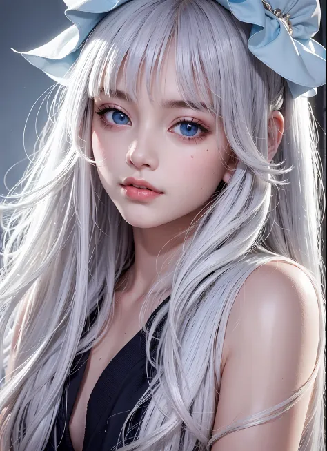 1 girl, Super long hair, Cute 17 years old、bright expression、Very beautiful face, Big, Beautiful blue eyes, Bright and dazzling platinum blonde、Long straight hair、Eyebrows behind bangs, Bright pupils, surrealism, textured white skin, high details, Best Qua...