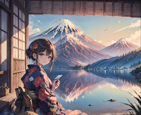 top-quality、Lakeside in front of the mountain、Mt fuji、夏天、during daytime、Beautiful blue sky、outside of house、younggirl、Smile at the screen、Detailed beauty、picnic、Open the parasol、Kimono、taisho roman --auto