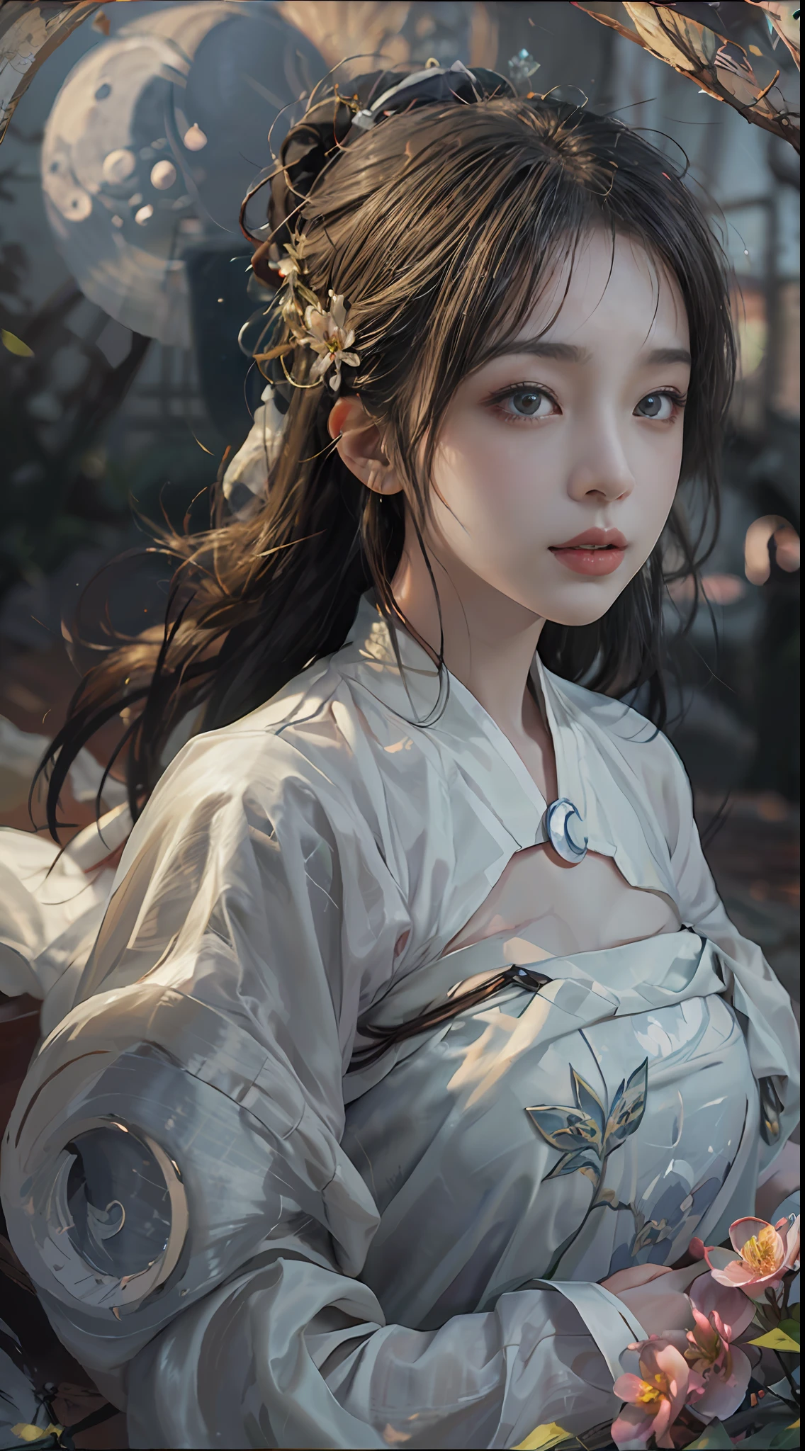 Une femme de 20 ans, une fille fée chinoise, visage sombre, beau visage de conte de fées chinois, beau visage without flaws, Corps mince, peau claire, lèvres fines et belles, doux sourire, ferme encore ta bouche, (The scene of la lunelight is magical:1.8), la pleine lune brille, clair de lune, la lune, (maison de luxe dans un style chinois ancien:1.2), Chignon à la chinoise, Cheveux noirs brillants, cheveux volants, cheveux longs, yeux bleus regard triste, les yeux pétillent, grands yeux ronds et maquillage très joli et détaillé , corps de sainte femme, seins ronds, Seins gros et ronds, a beau visage in detail and well-proportioned eyes, maquillage minutieux, bras tombants, Images réalistes et vives, les étoiles qui composent le ciel, corps sexy, les plus beaux yeux, des yeux parfaits, belle sainte et fleurs, bijoux, beau visage, haut du corps, Hanfu, Haute résolution, meilleure qualité, meilleure photo, Qualité 8k, 8k ultra, surréaliste, meilleure photo de la vie réelle, hdr, détail de la peau élevé, bokeh, Lisse et tranchant, Augmentation de 10x des pixels, art fictif, Image de synthèse 8k, réaliste, Coup moyen, (haut du corps), (white Hanfu:1.8), par carte, cinq doigts,