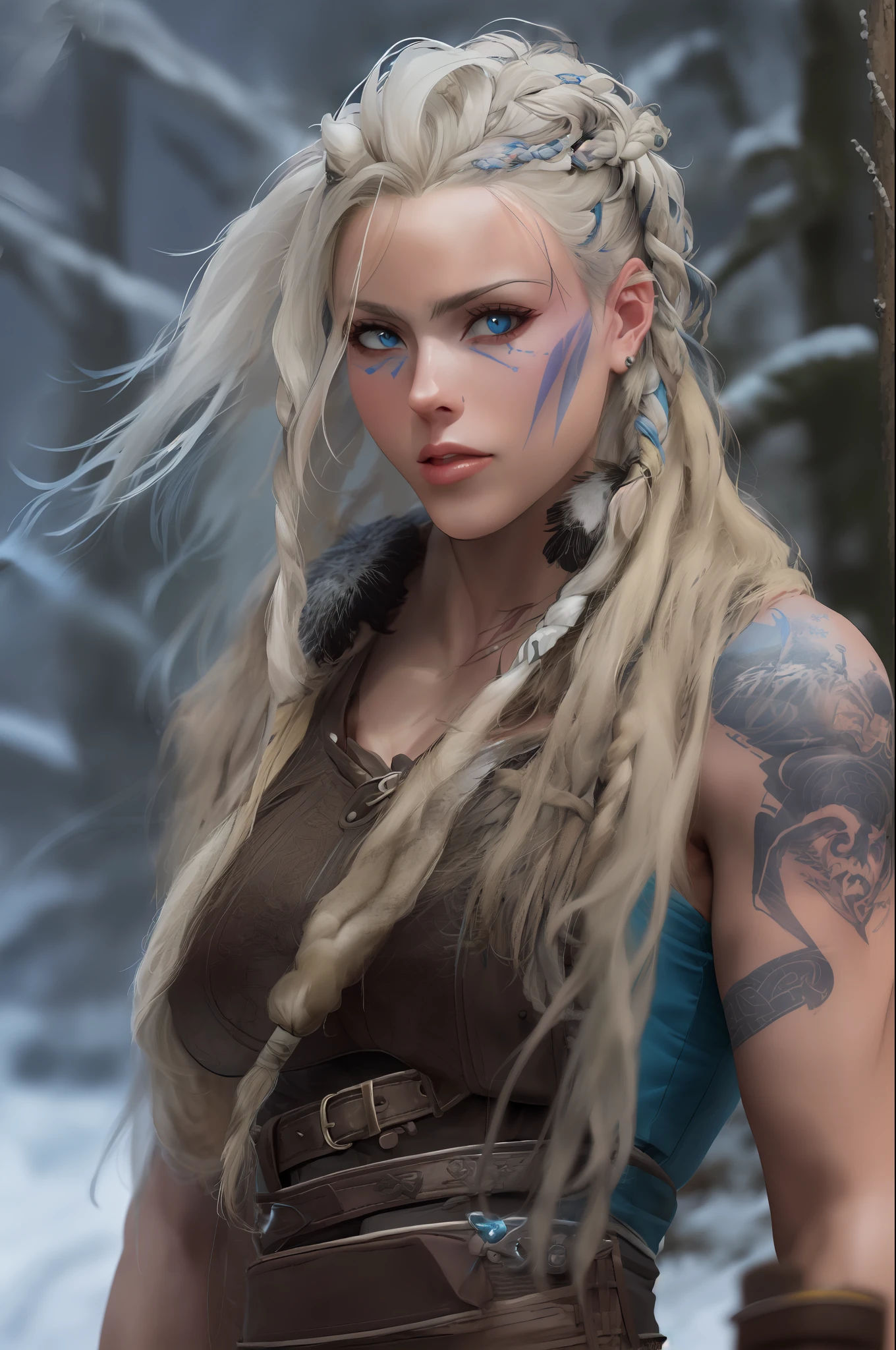 solo Female viking, (young:1.2), (muscular:1.2), fit, wearing brown furs and hides, (wearing furs:1.3) (blue norse tattoos:1.2), blue eyes, platinum blonde hair, (Dreadlocks:1.7), (Dreads:1.4), (Sideshave:1.6), warrior hair, Setting is a Scandinavian forest in winter, snow, bare arms, exposed naval, (abs:1.2). Highly detailed, norse, berserker, arm muscles, leg muscles, (bulky:1.2), leather straps, (large breasts:1.3), waist up, wide waist, stocky, (tall:1.4)