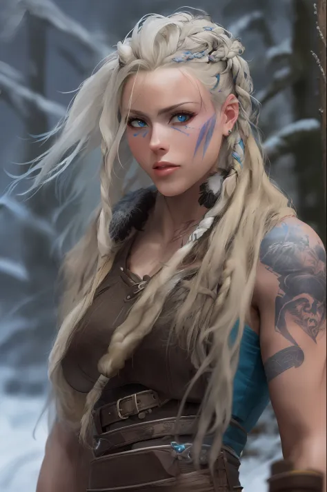 solo Female viking, (young:1.2), (muscular:1.2), fit, wearing brown furs and hides, (wearing furs:1.3) (blue norse tattoos:1.2),...