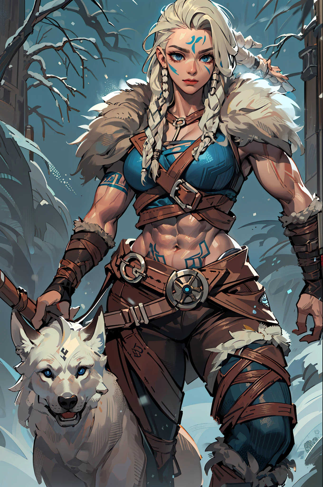 solo Fêmea viking, (jovem:1.2), (muscular:1.2), ajustar, vestindo peles e couros marrons, (vestindo peles:1.3) (blue Nórdico tattoos:1.2), olhos azuis, cabelo loiro platinado, (Dreadlocks:1.7), (dreads:1.4), (Barba lateral:1.6), cabelo de guerreiro, O cenário é uma floresta escandinava no inverno, neve, braços nus, naval exposto, (abdômen:1.2). Altamente detalhado, Nórdico, furioso, Músculos do braço, Músculos das pernas, (volumoso:1.2), correias de couro, (seios grandes:1.3), cintura para cima, cintura larga, atarracado, (alto:1.4)