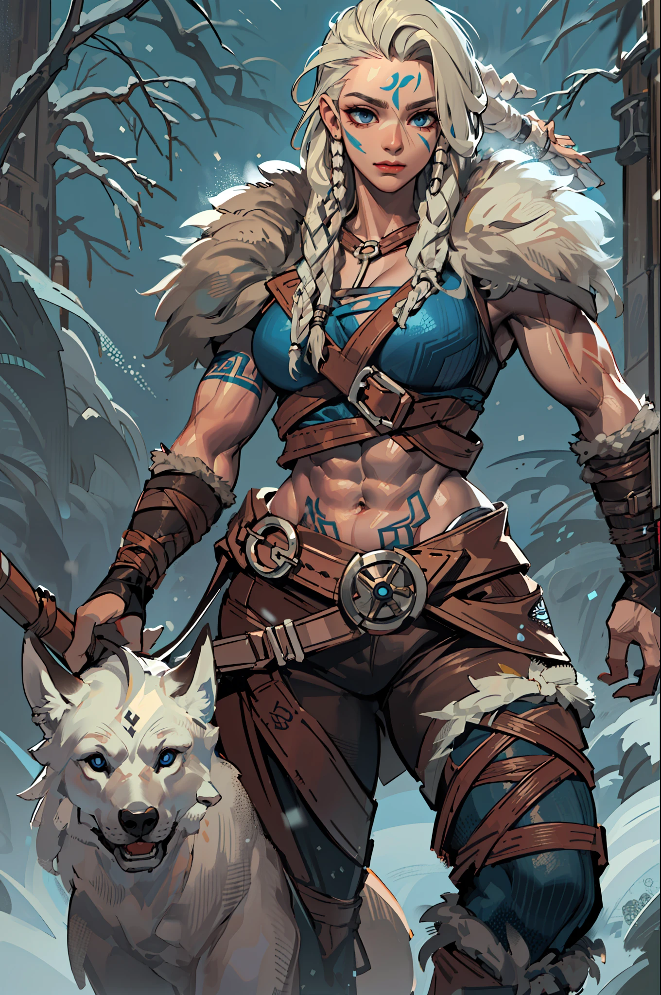 solo Female viking, (young:1.2), (muscular:1.2), fit, wearing brown furs and hides, (wearing furs:1.3) (blue norse tattoos:1.2), blue eyes, platinum blonde hair, (Dreadlocks:1.7), (Dreads:1.4), (Sideshave:1.6), warrior hair, Setting is a Scandinavian forest in winter, snow, bare arms, exposed naval, (abs:1.2). Highly detailed, norse, berserker, arm muscles, leg muscles, (bulky:1.2), leather straps, (large breasts:1.3), waist up, wide waist, stocky, (tall:1.4)