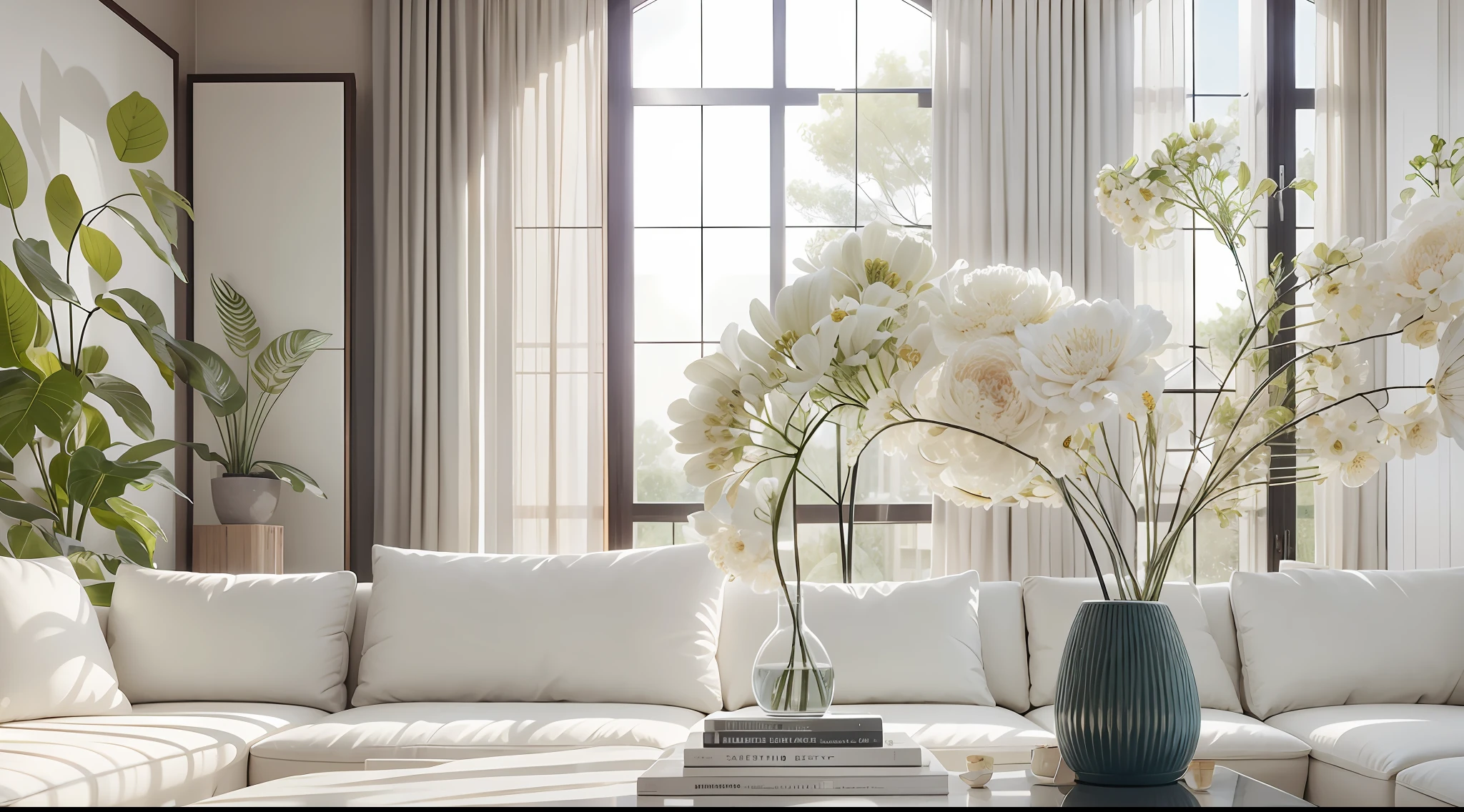 Large minimalist living room，Master-level works，Rare flowers and plants（1:0.02），sun's rays，No main light desigward winning masterpiece，Incredible details Large windows，highly  detailed，Harper's Bazaar art，fashion magazine，fluency，Clear focus，8K，rendering by octane