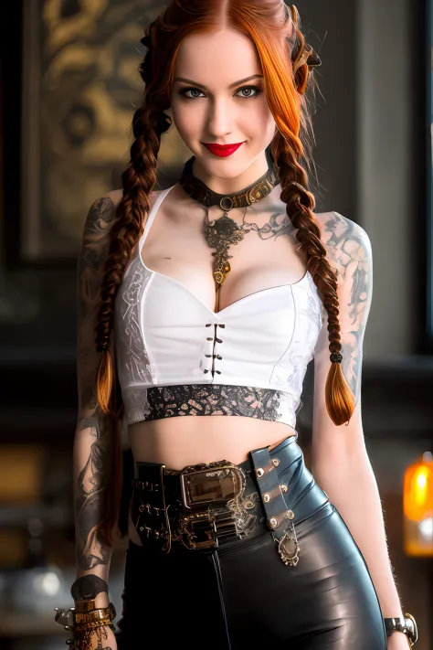 Miranda steampunk girl, (devious wicked smile), partial exposure, perky,  ((white crop top:1.2)), small breast, black and blue leather, tattoo, hyper detailed, ultra sharp, long auburn hair in braids, 8k, (insanely detailed:1.5), full body photograph, 20 m...
