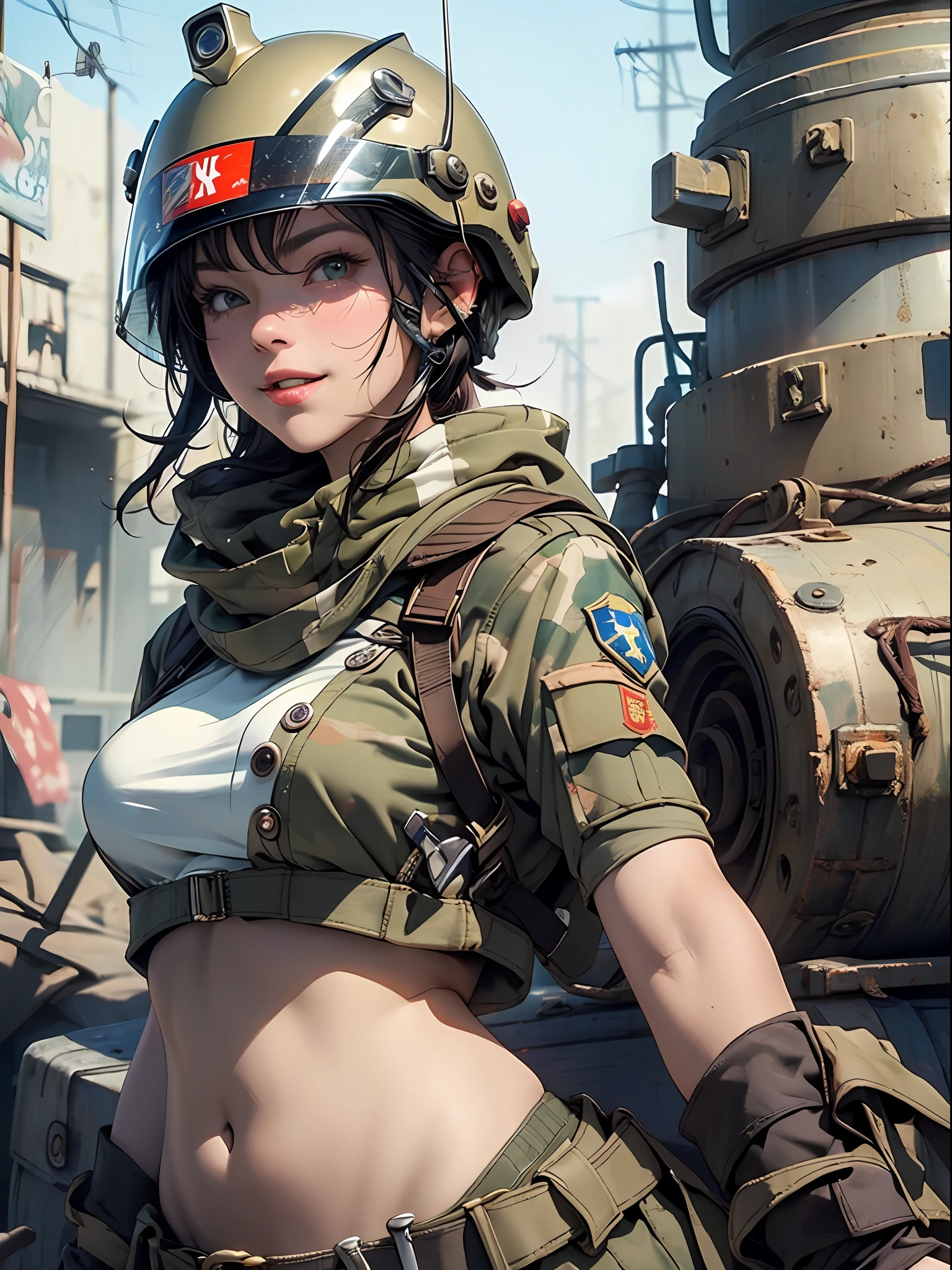 ((( corpo inteiro ))), ((( Military helmet on head ))), roupa cheia de buttons, master part, best quality, super detalhe, 8k, mulher linda, Tank Girl com cara de maluca, sorriso malicioso , cabelo moicano colorido, garota punk, post-apocalyptic world, (( menina do tanque )), Nijistyle, roupas rasgadas e sujas, moicano curto, sides of shaved head, rosto limpo