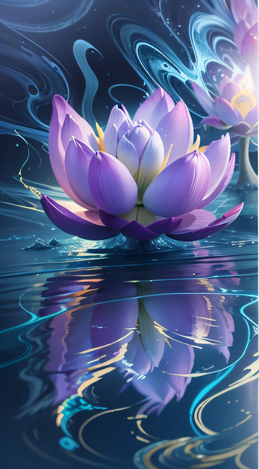 A large lotus flower in the light of Tyndall crystal clear， {blue white colors}Fire，Swaying water ripples（inverted image），Lightning arc，Light effects，Extreme CG，Blizzard style art trends，Diffuse luminous fog Noctilucent particles，Bright volumetric lamp，diffused reflections，Cobalt blue and reflective gold，Buddha Light - AR 9:16 --s 750 --v 5.2