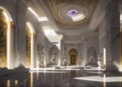 incredible white luxurious futuristic interior in Ancient Egyptian style with lotus flowers, emerald, amethyst, palm trees, hieroglyphics, rocky walls, sand, gold, black marble, Carrara marble, precious minerals, metals, gemstones, crystals, clouds and wat...